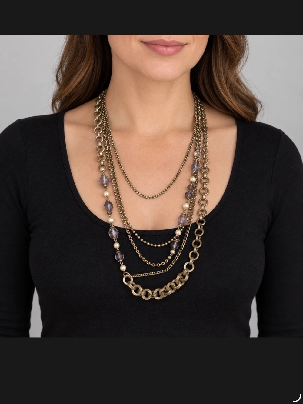 Vintage Gold Tone Multi Strand Chain Faux Pearl Bead Necklace 26 Inch Boho
